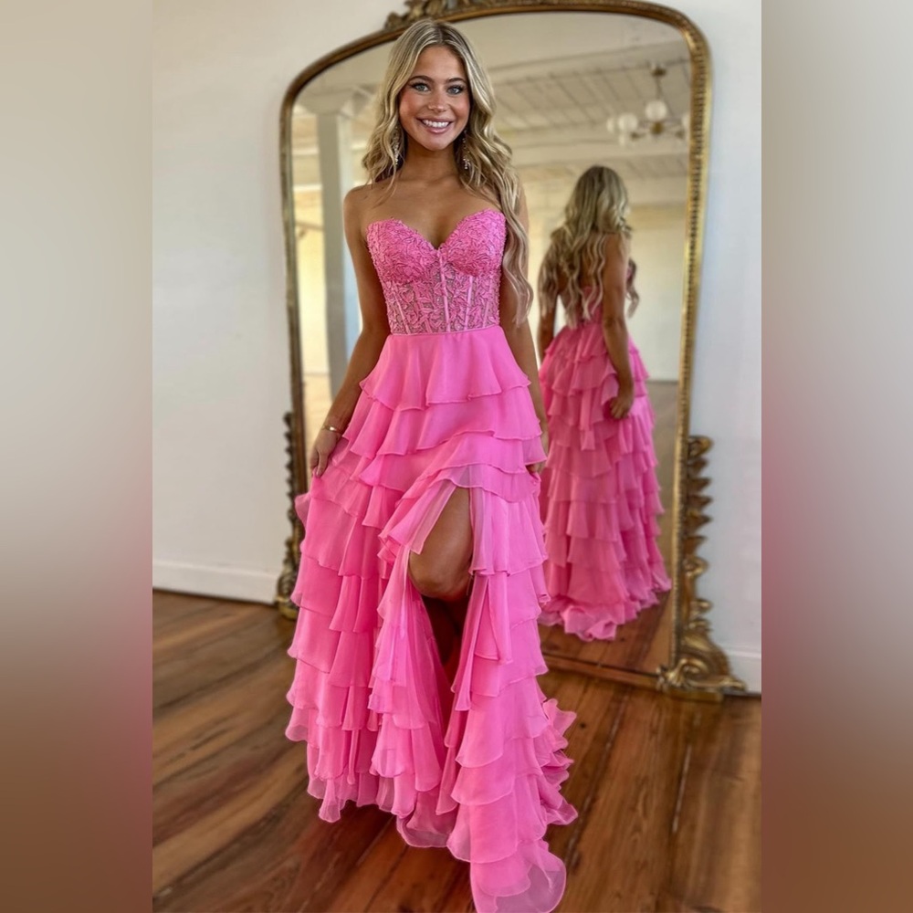 pink ruffle layered corset prom dress!!